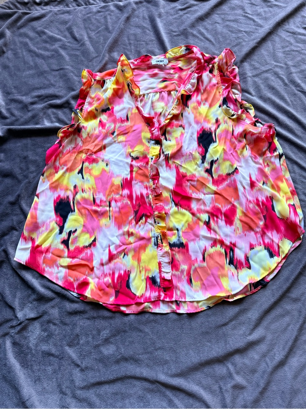 DKNY Pink Yellow Black Watercolor Ruffle Button-Front Camisole